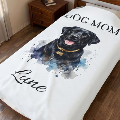 Dog Mom Personalized Velveteen Plush Blanket - Custom Pet Name & Black Lab Portrait