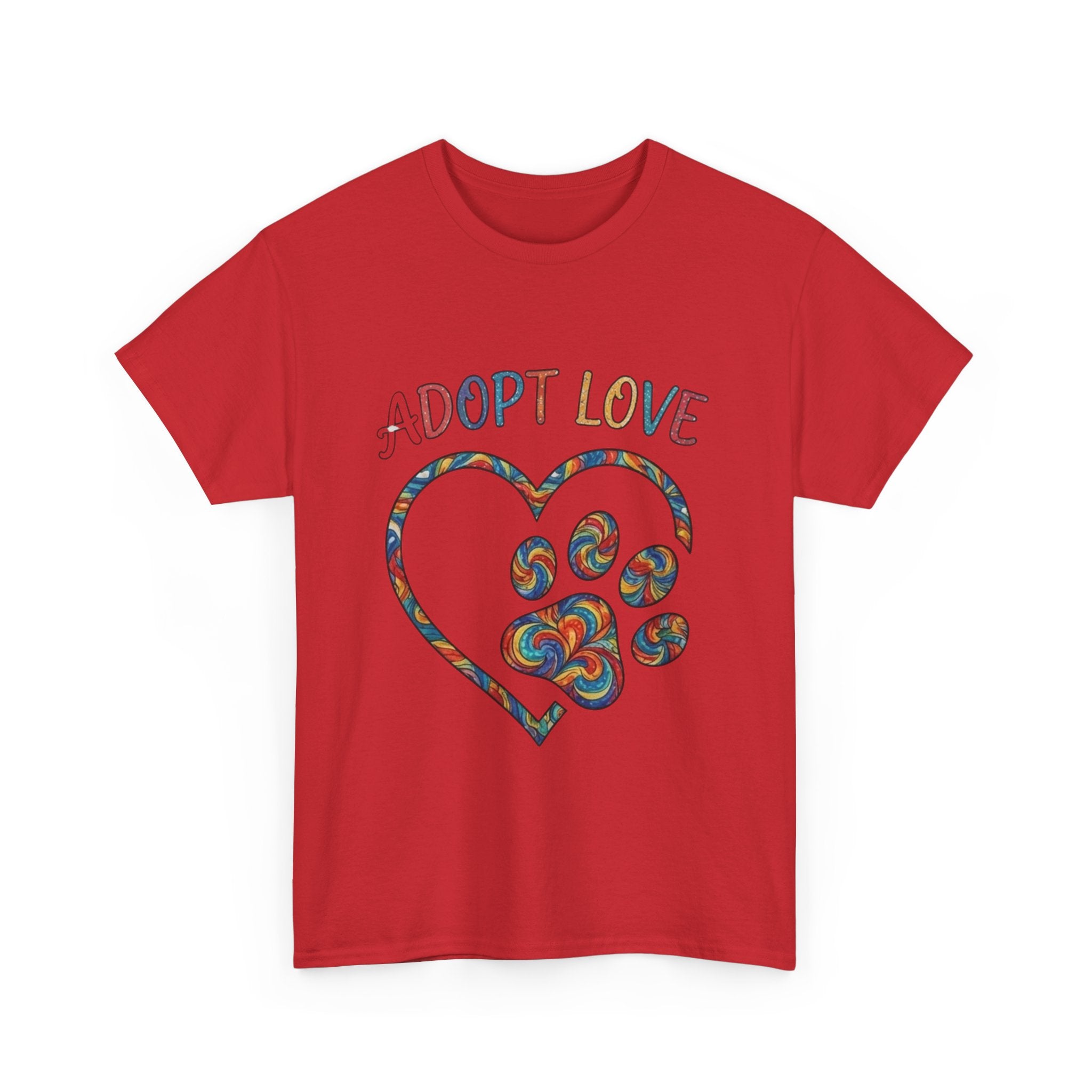 Adopt Love T-Shirt — Colorful Paw Heart Rescue Tee