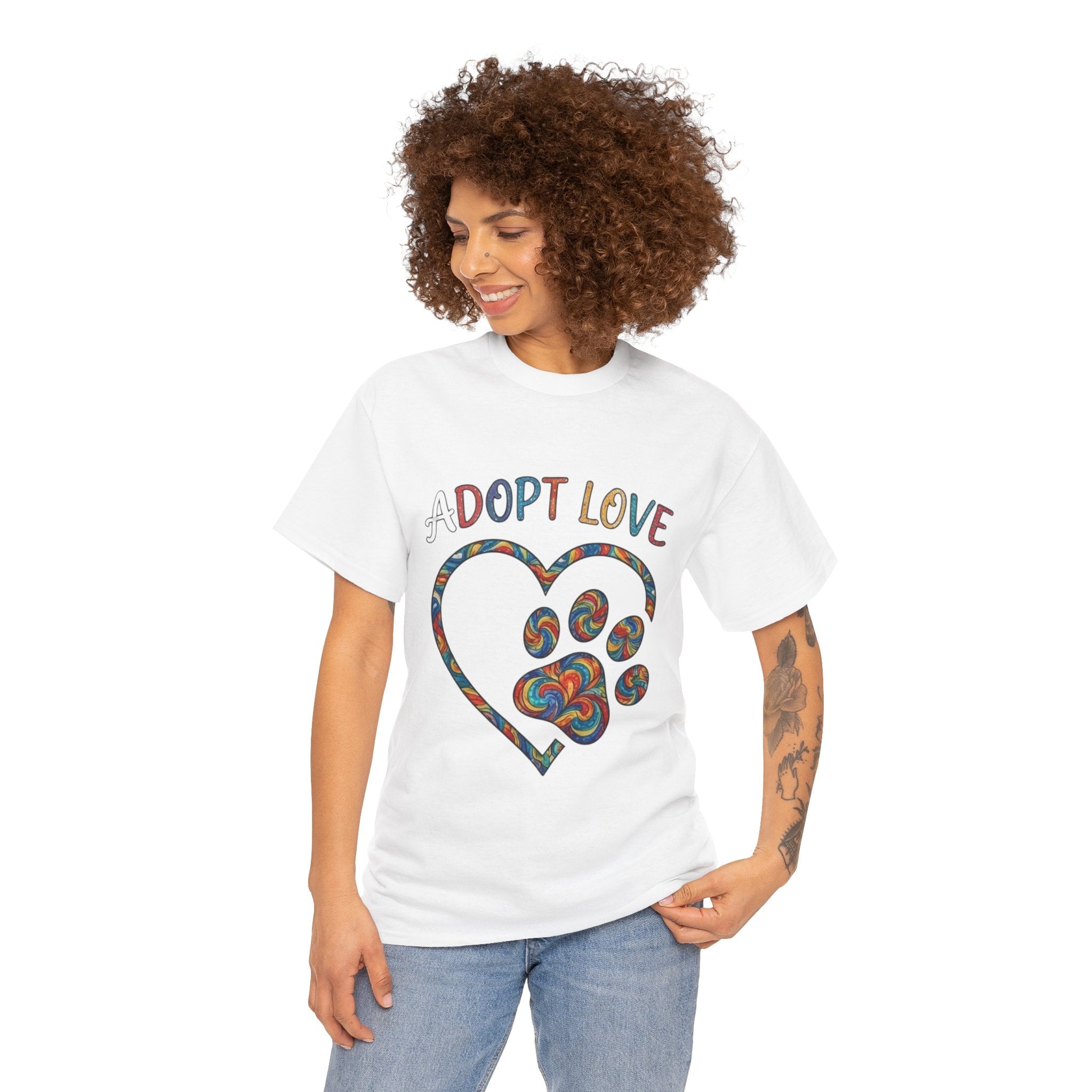 Adopt Love T-Shirt — Colorful Paw Heart Rescue Tee