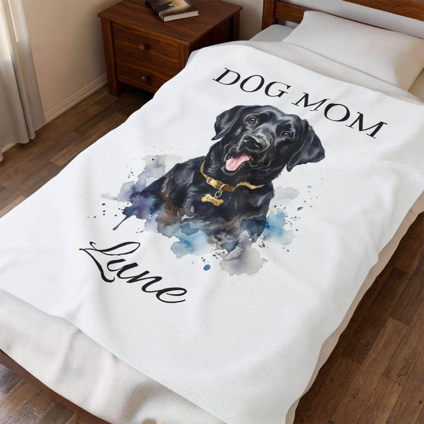 Dog Mom Personalized Velveteen Plush Blanket - Custom Pet Name & Black Lab Portrait