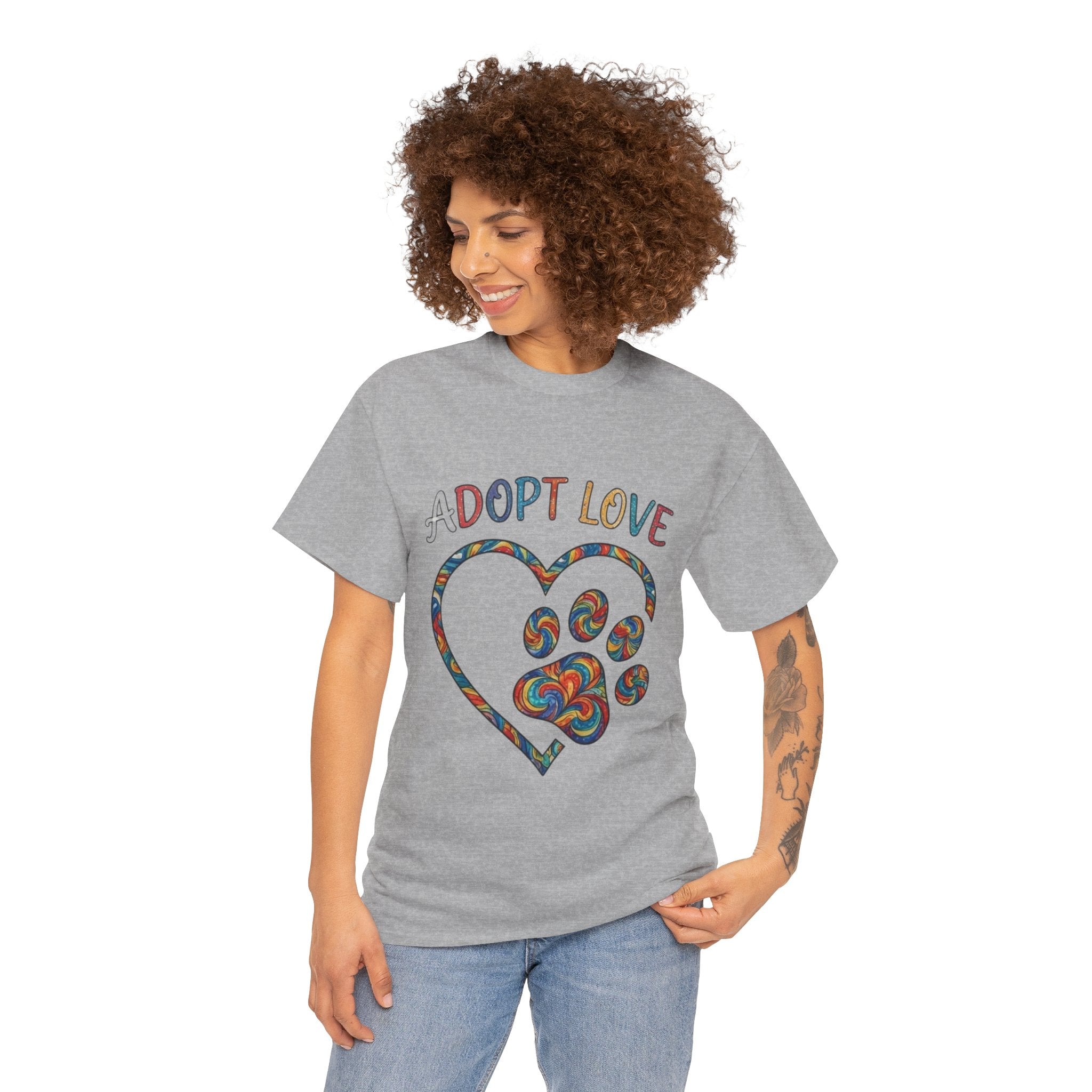 Adopt Love T-Shirt — Colorful Paw Heart Rescue Tee