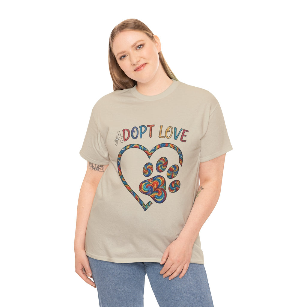 Adopt Love T-Shirt — Colorful Paw Heart Rescue Tee