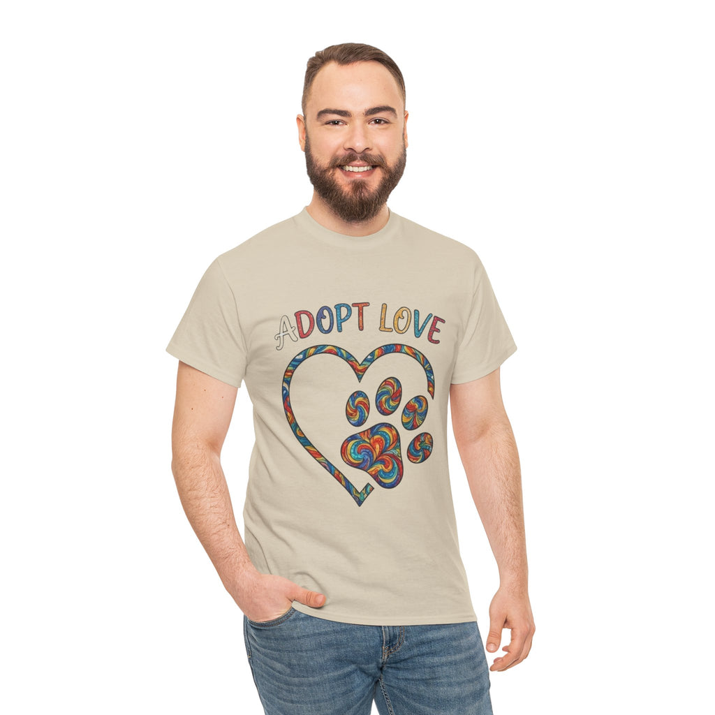 Adopt Love T-Shirt — Colorful Paw Heart Rescue Tee