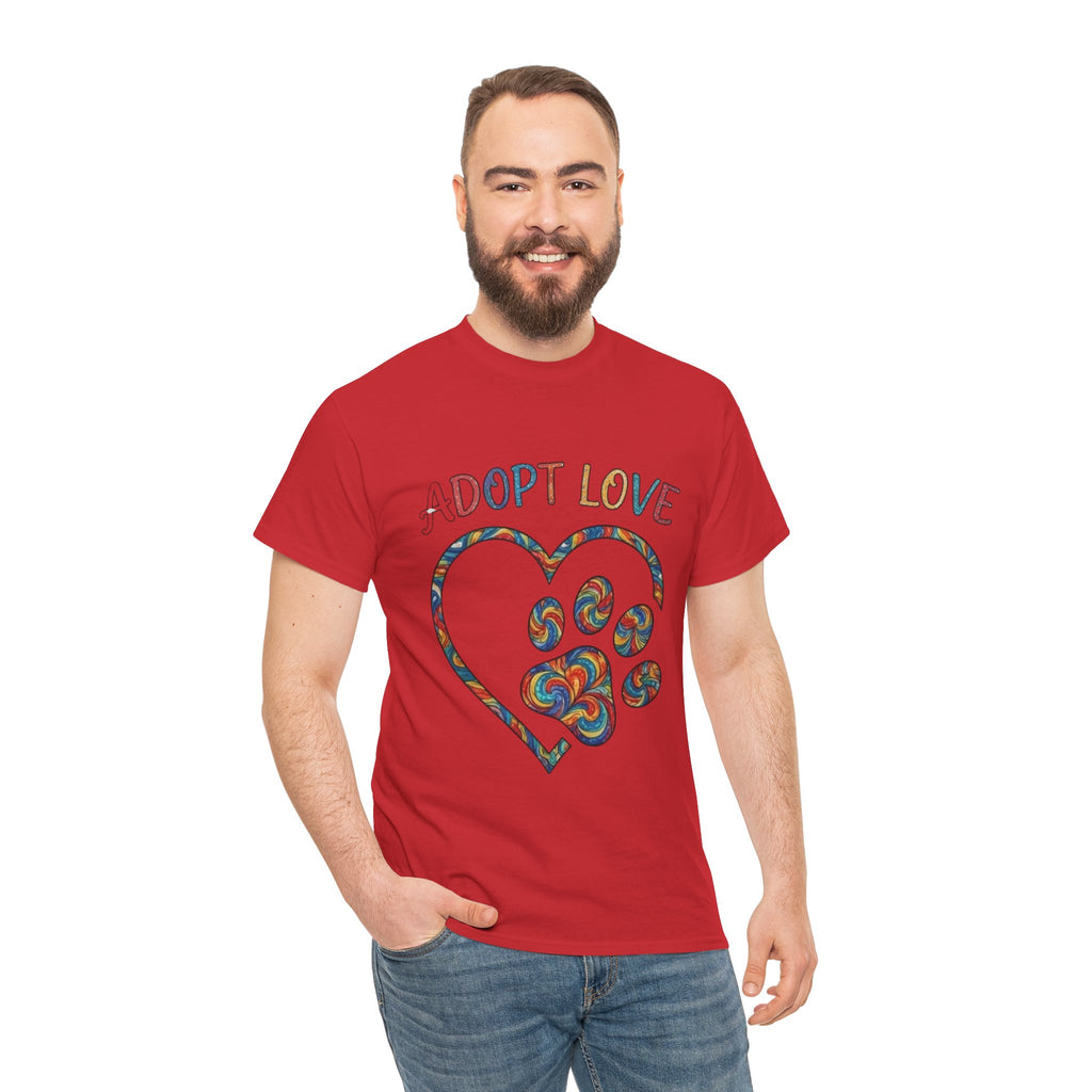 Adopt Love T-Shirt — Colorful Paw Heart Rescue Tee