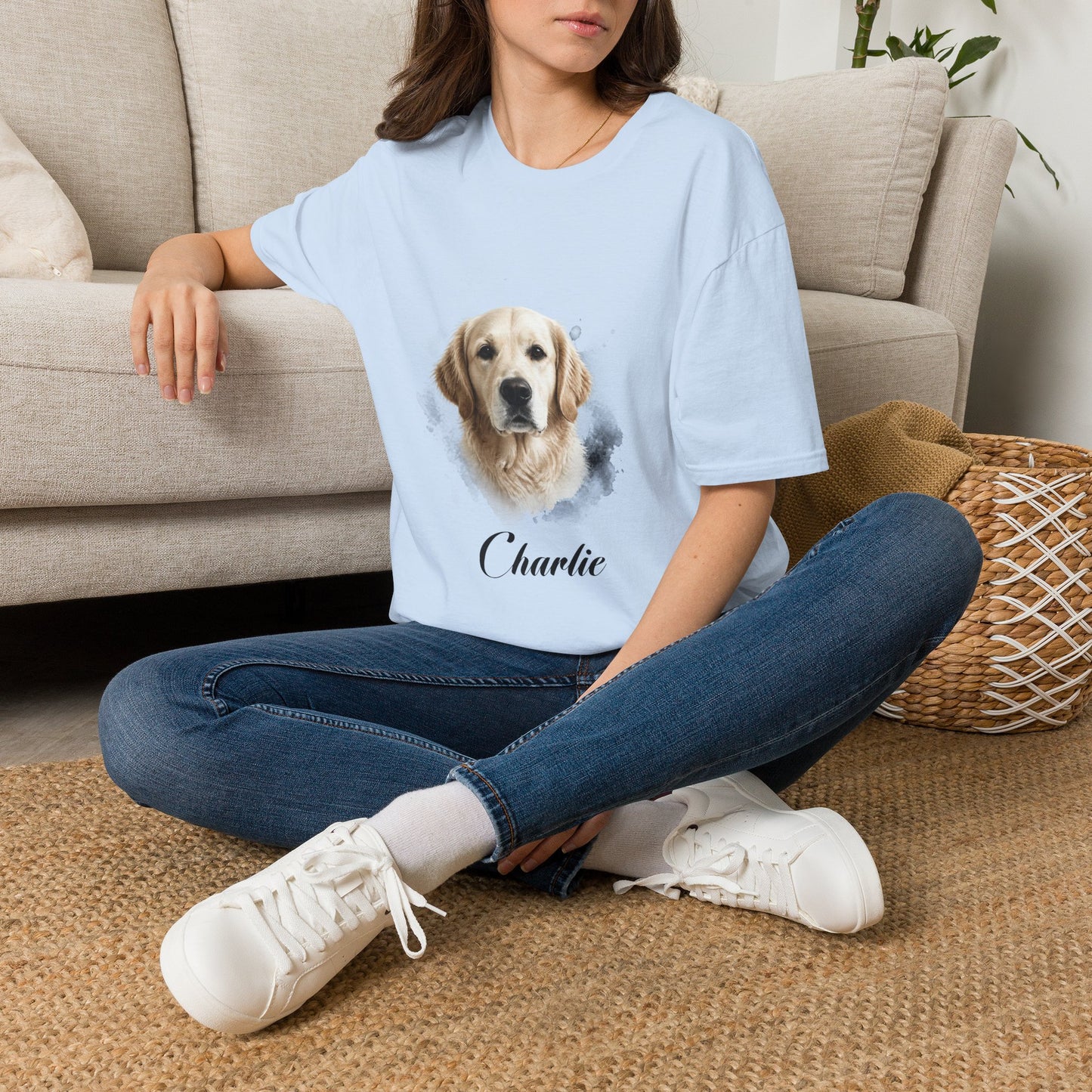 T-Shirt — Personalized Golden Retriever Portrait Tee (Name: "Charlie")