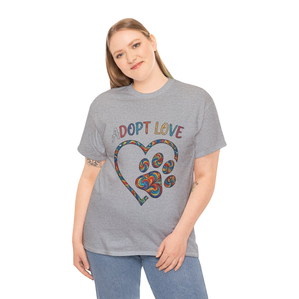 Adopt Love T-Shirt — Colorful Paw Heart Rescue Tee