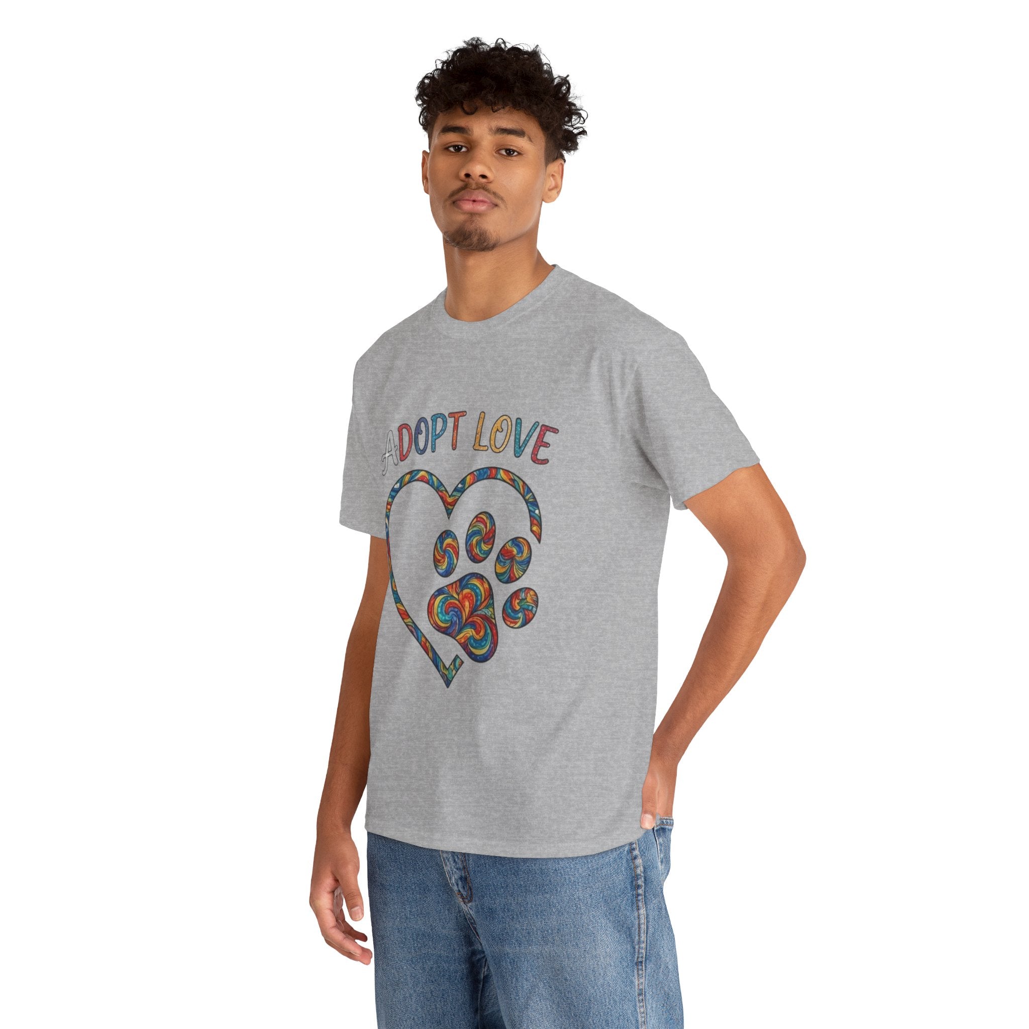 Adopt Love T-Shirt — Colorful Paw Heart Rescue Tee