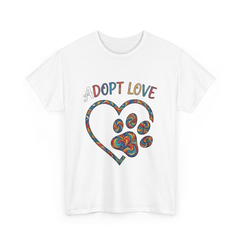 Adopt Love T-Shirt — Colorful Paw Heart Rescue Tee