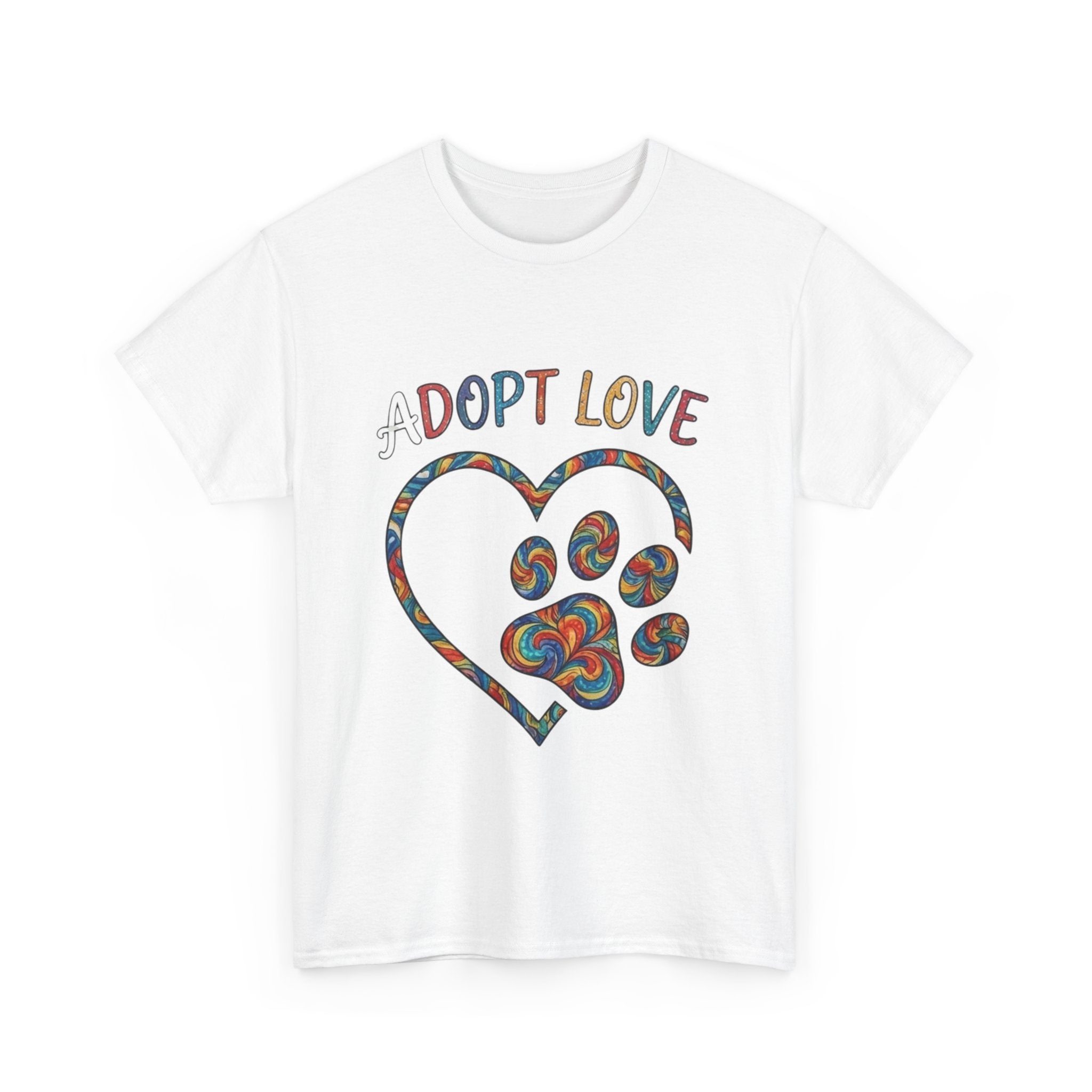 Adopt Love T-Shirt — Colorful Paw Heart Rescue Tee