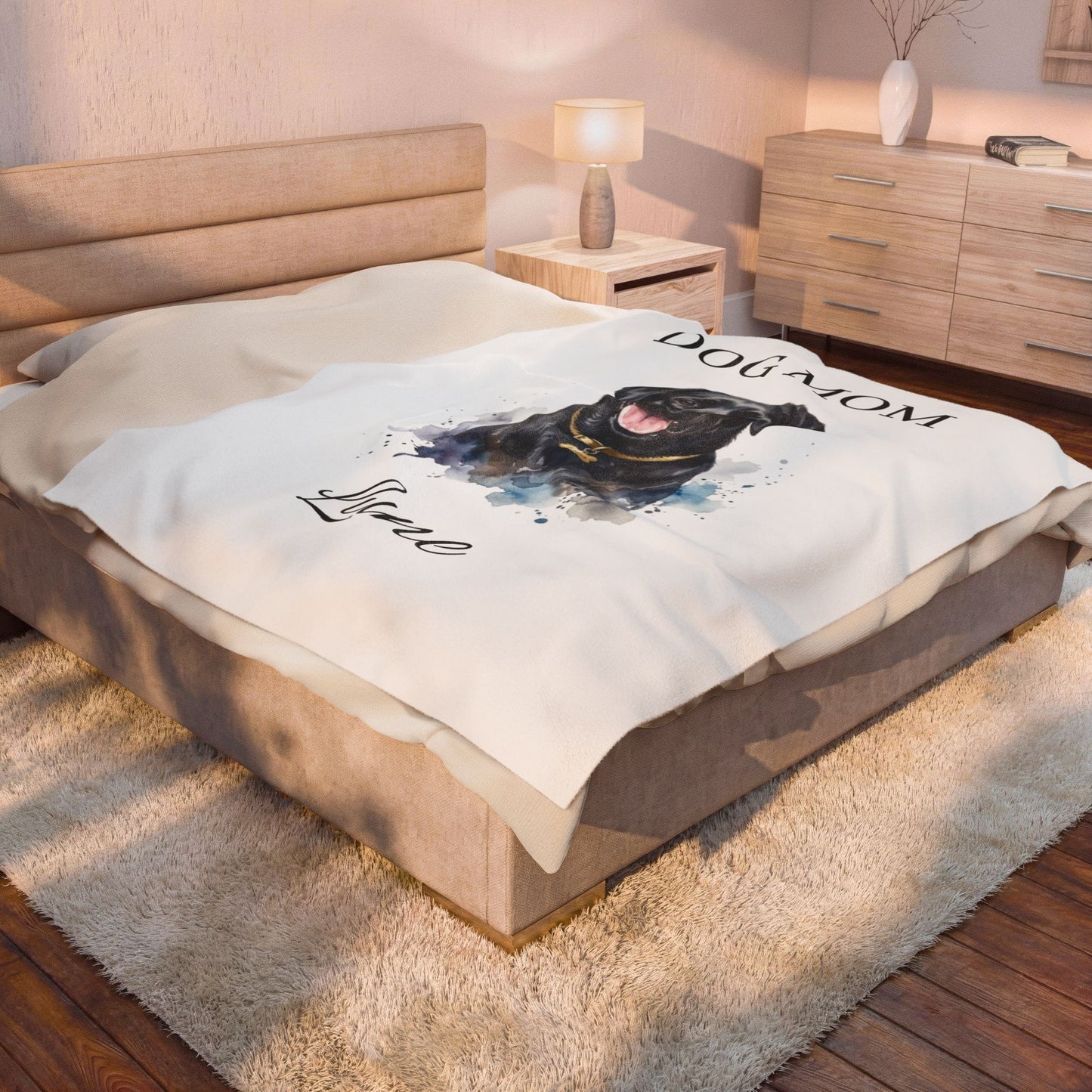Dog Mom Personalized Velveteen Plush Blanket - Custom Pet Name & Black Lab Portrait