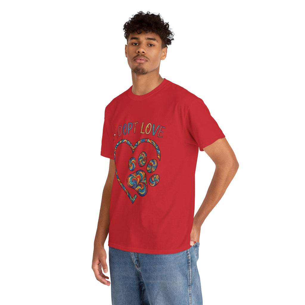 Adopt Love T-Shirt — Colorful Paw Heart Rescue Tee