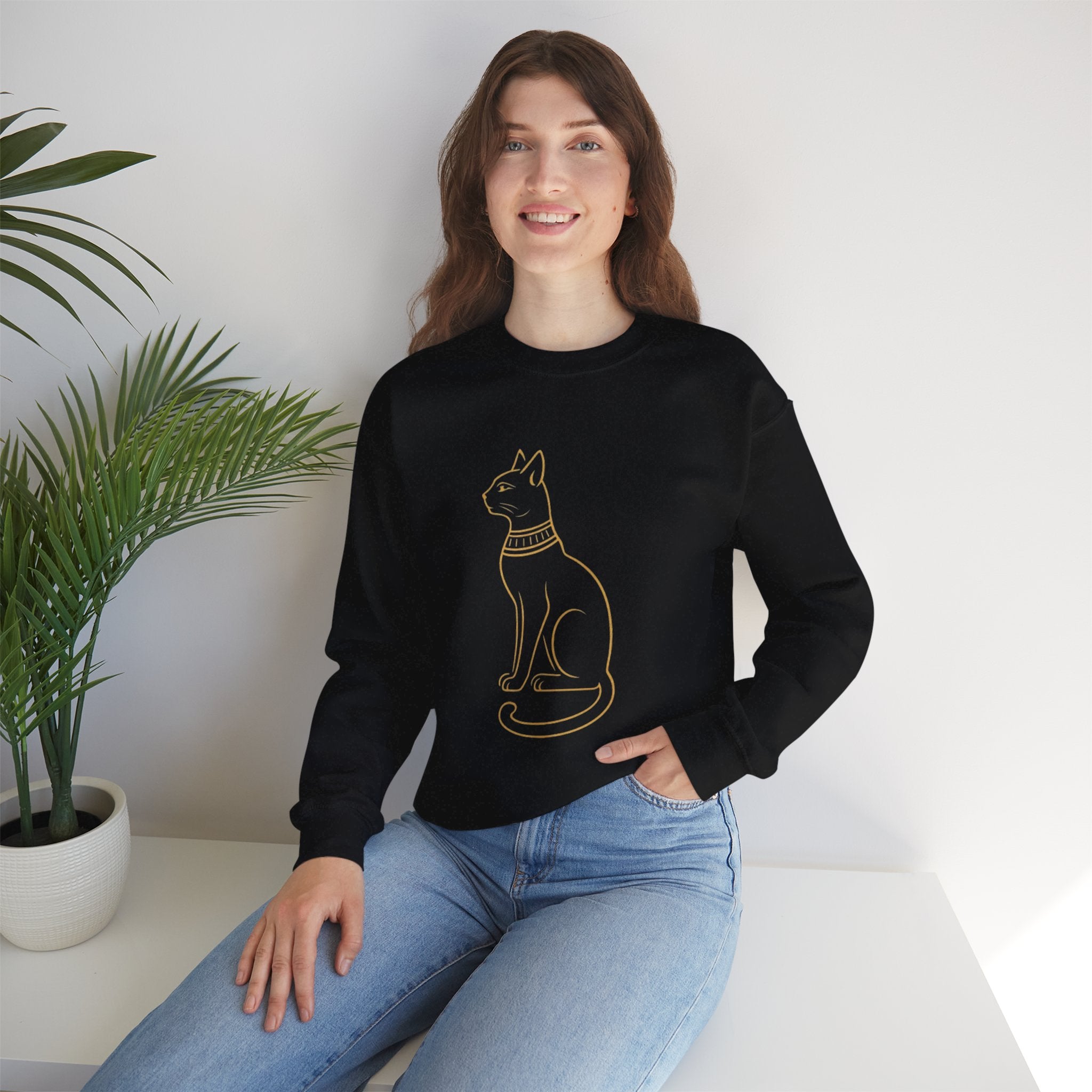 Egyptian Cat Crewneck Sweatshirt – Gold Line Art Cat Graphic