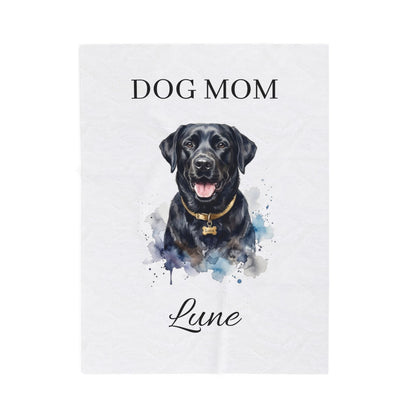 Dog Mom Personalized Velveteen Plush Blanket - Custom Pet Name & Black Lab Portrait