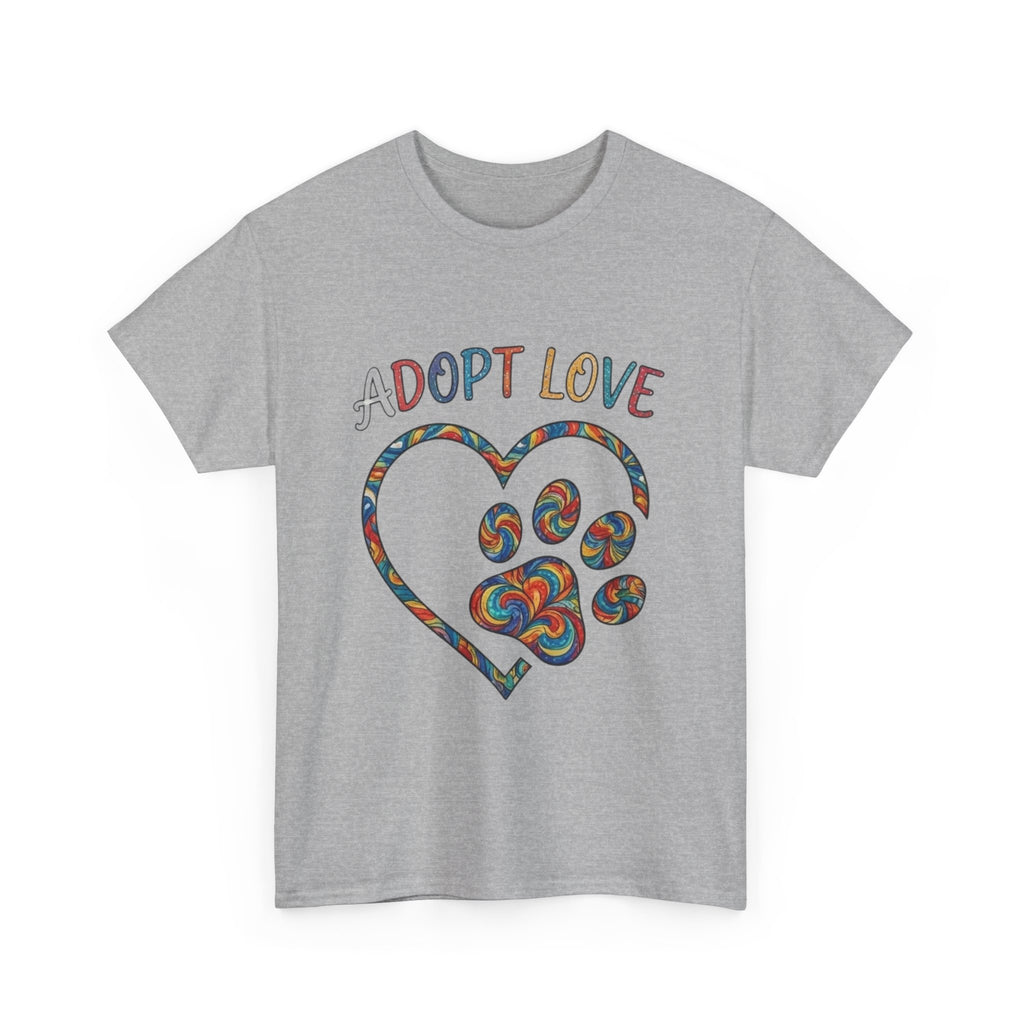Adopt Love T-Shirt — Colorful Paw Heart Rescue Tee