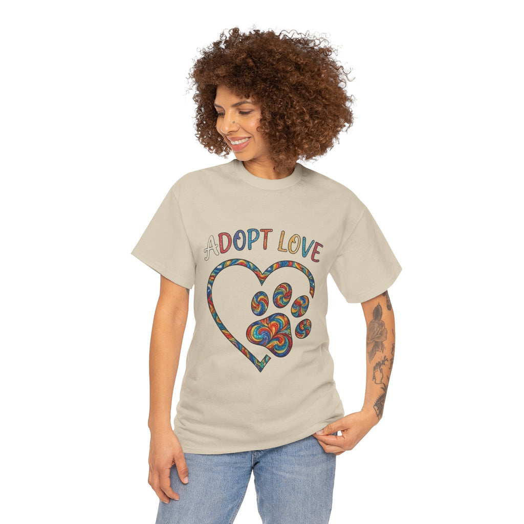 Adopt Love T-Shirt — Colorful Paw Heart Rescue Tee