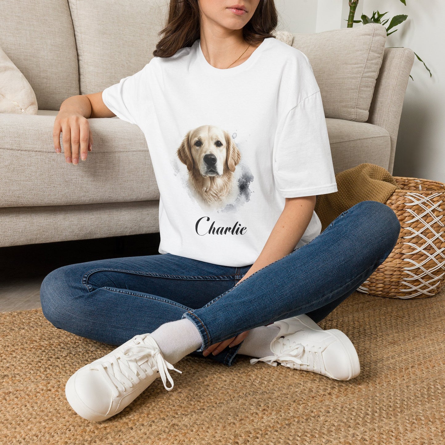 T-Shirt — Personalized Golden Retriever Portrait Tee (Name: "Charlie")