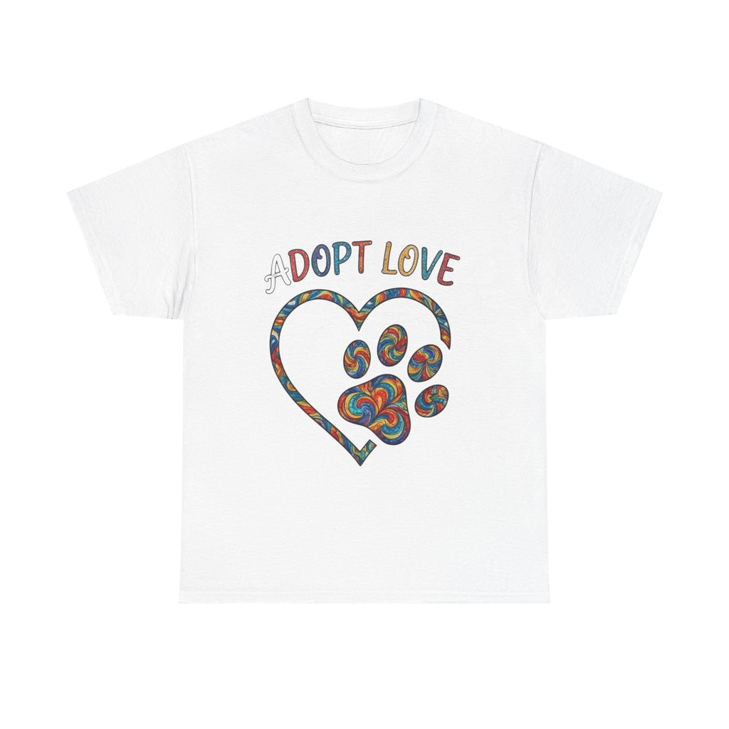 Adopt Love T-Shirt — Colorful Paw Heart Rescue Tee
