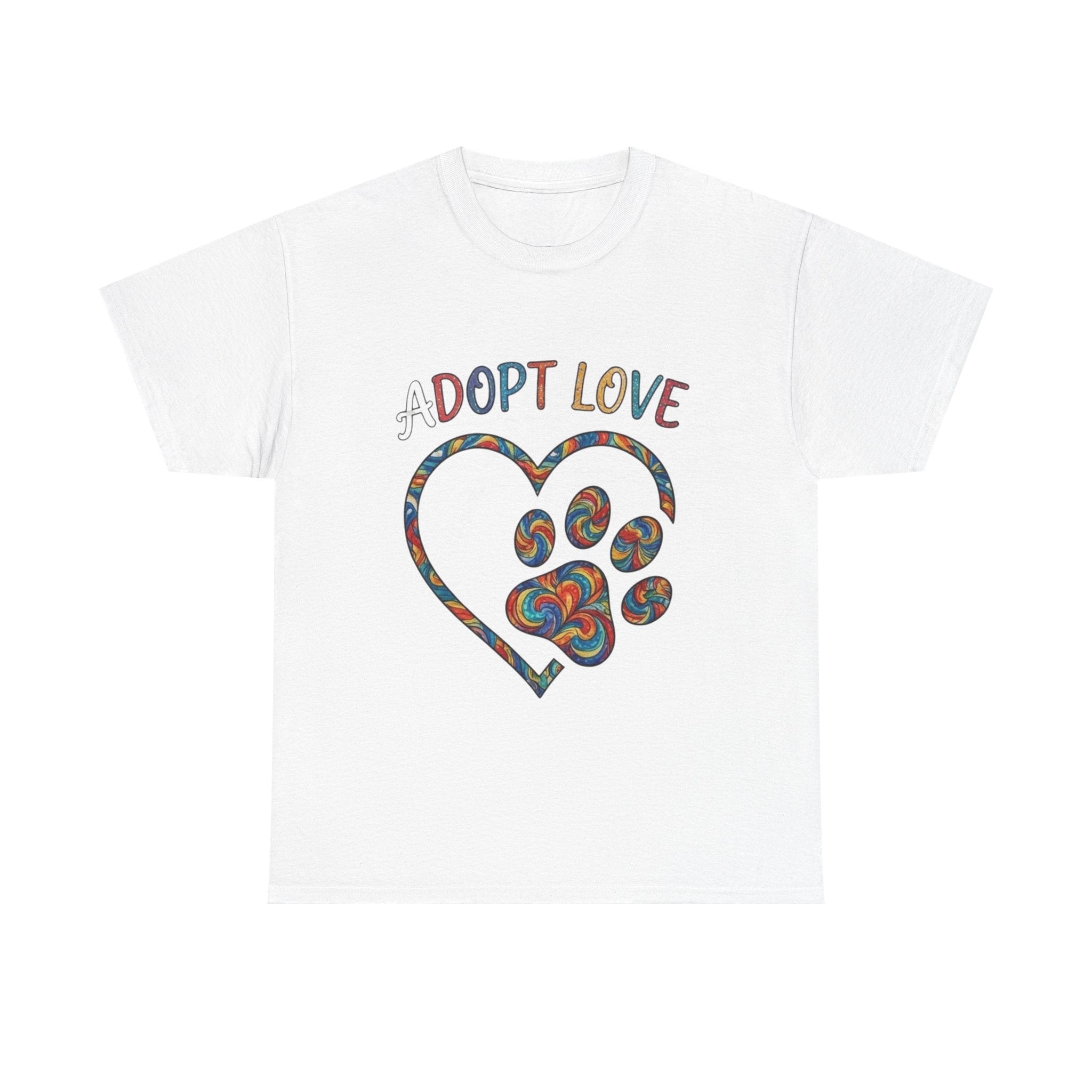 Adopt Love T-Shirt — Colorful Paw Heart Rescue Tee