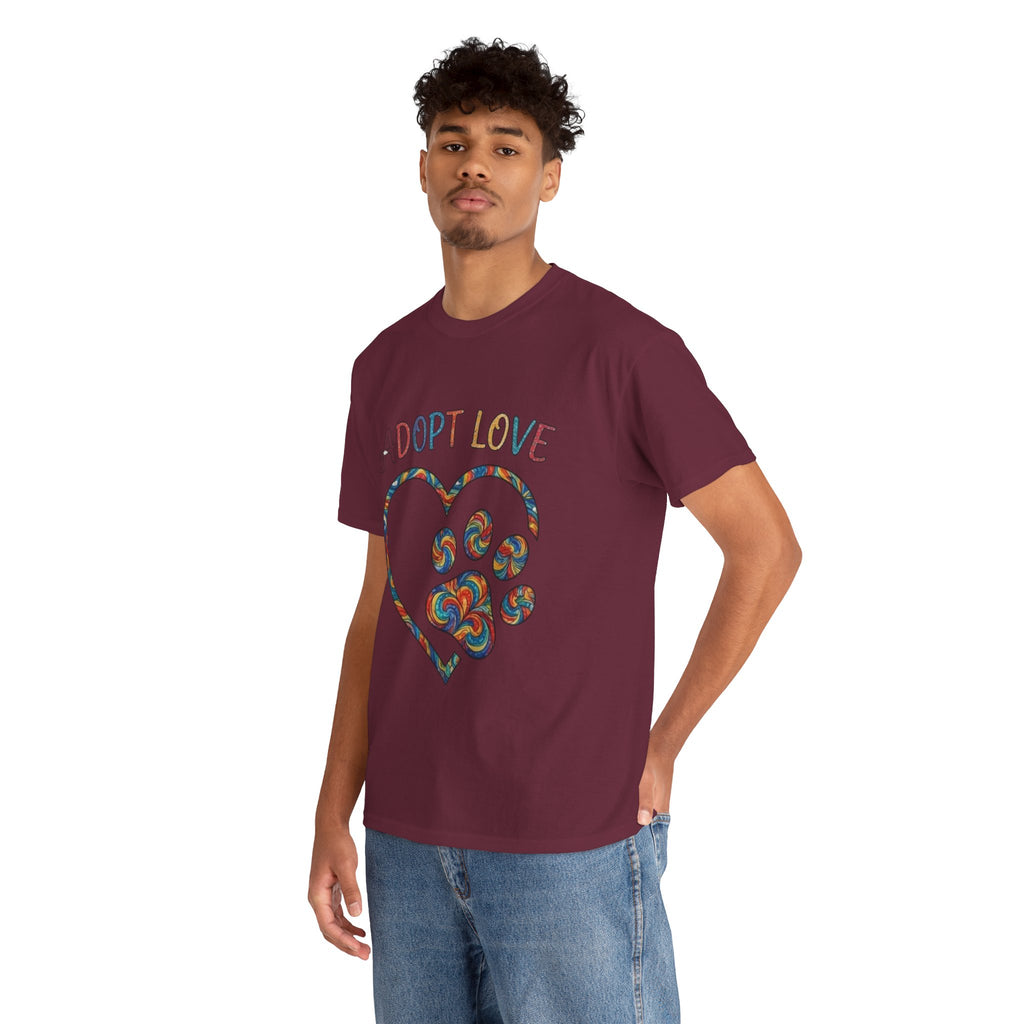 Adopt Love T-Shirt — Colorful Paw Heart Rescue Tee