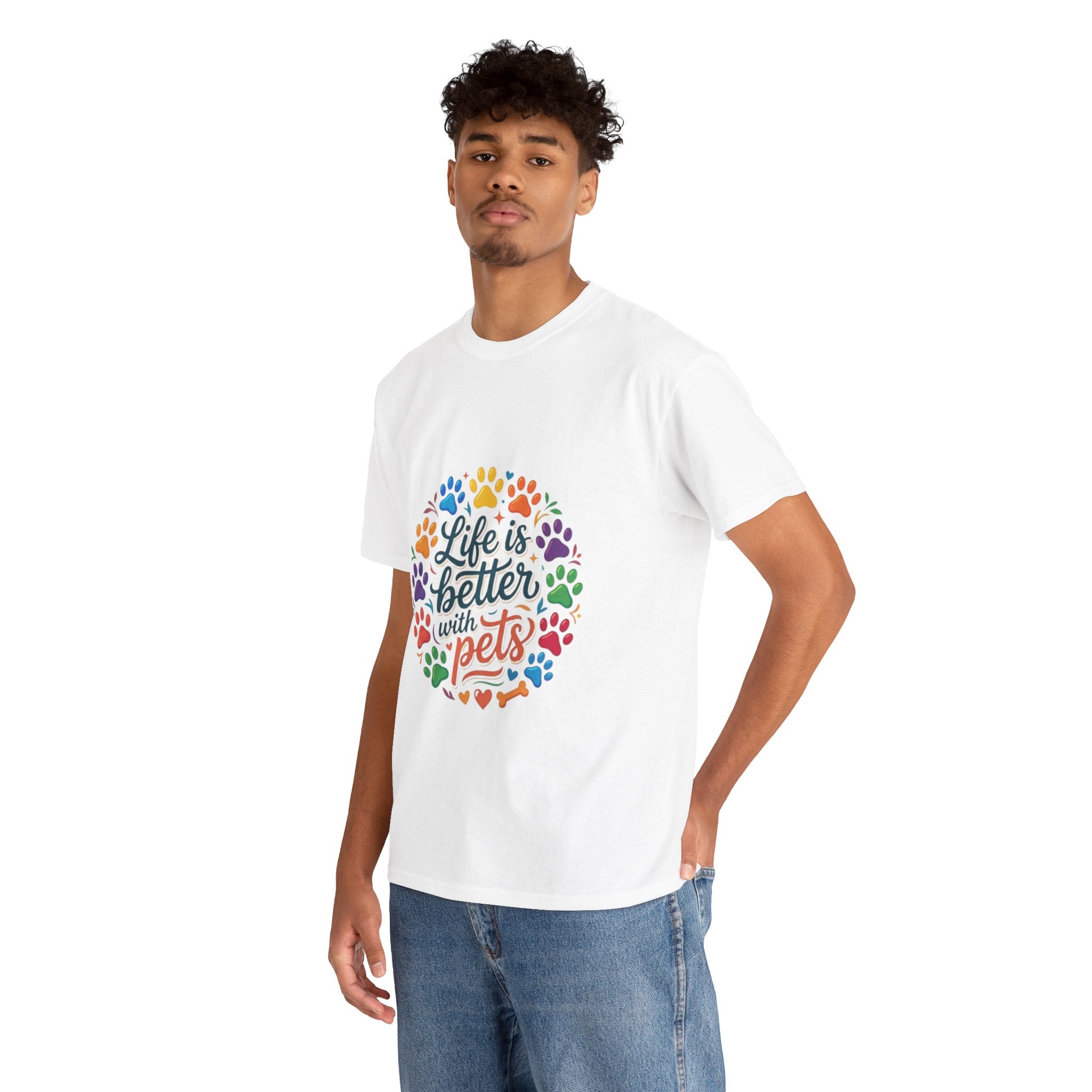 Pet Lover T-Shirt — "Life Is Better With Pets" Rainbow Paw Design
