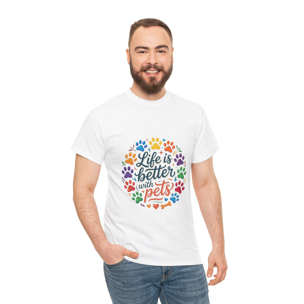 Pet Lover T-Shirt — "Life Is Better With Pets" Rainbow Paw Design