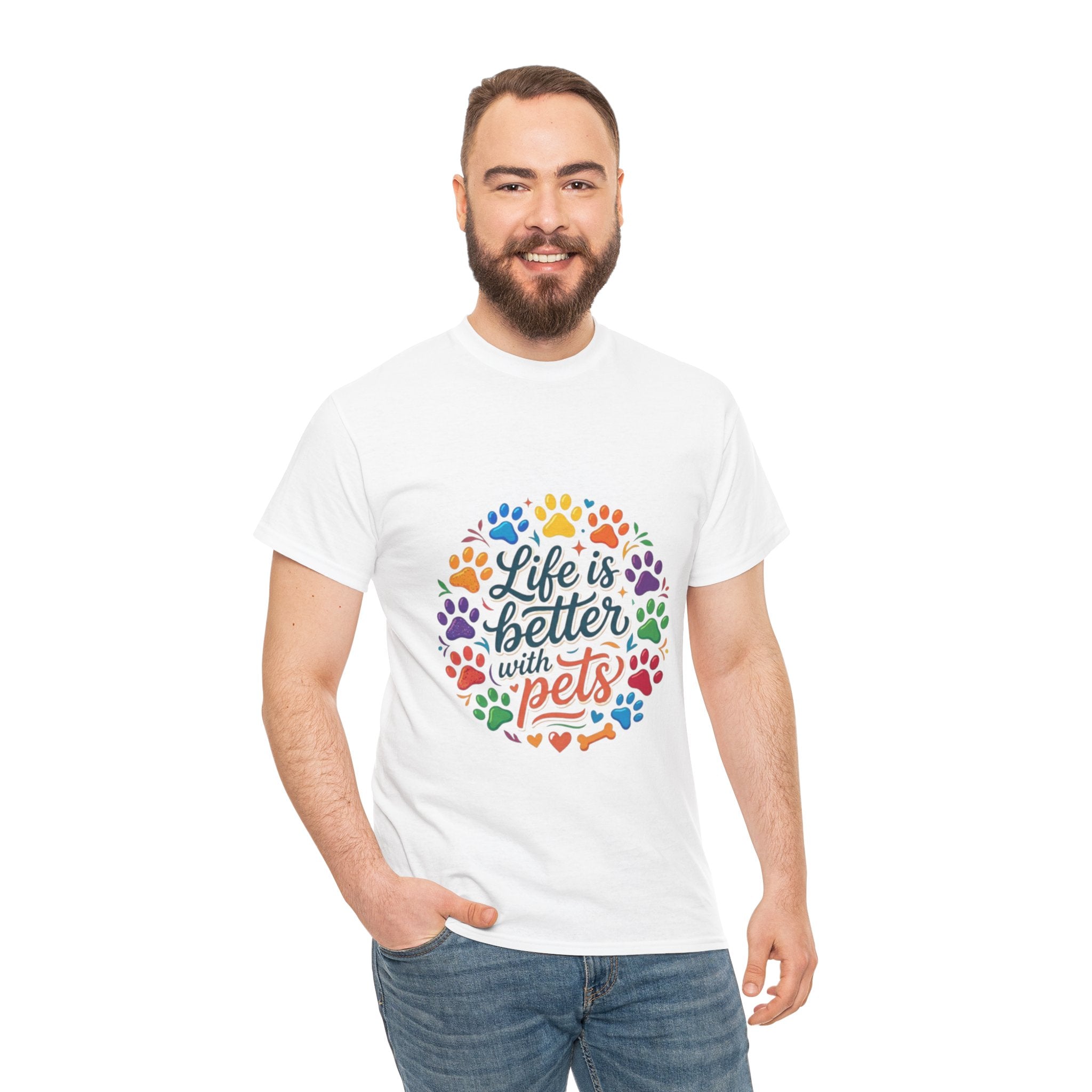 Pet Lover T-Shirt — "Life Is Better With Pets" Rainbow Paw Design