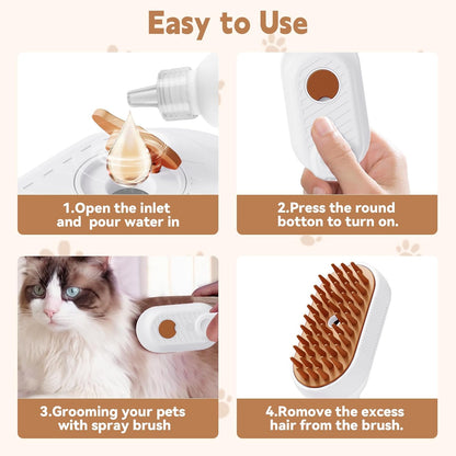 3-in-1 Cat Steam Brush for Shedding & Hair Removal with Foldable Handle – Pet Spa Steam Cleaner, Defur Comb & Spray for Cats & Dogs