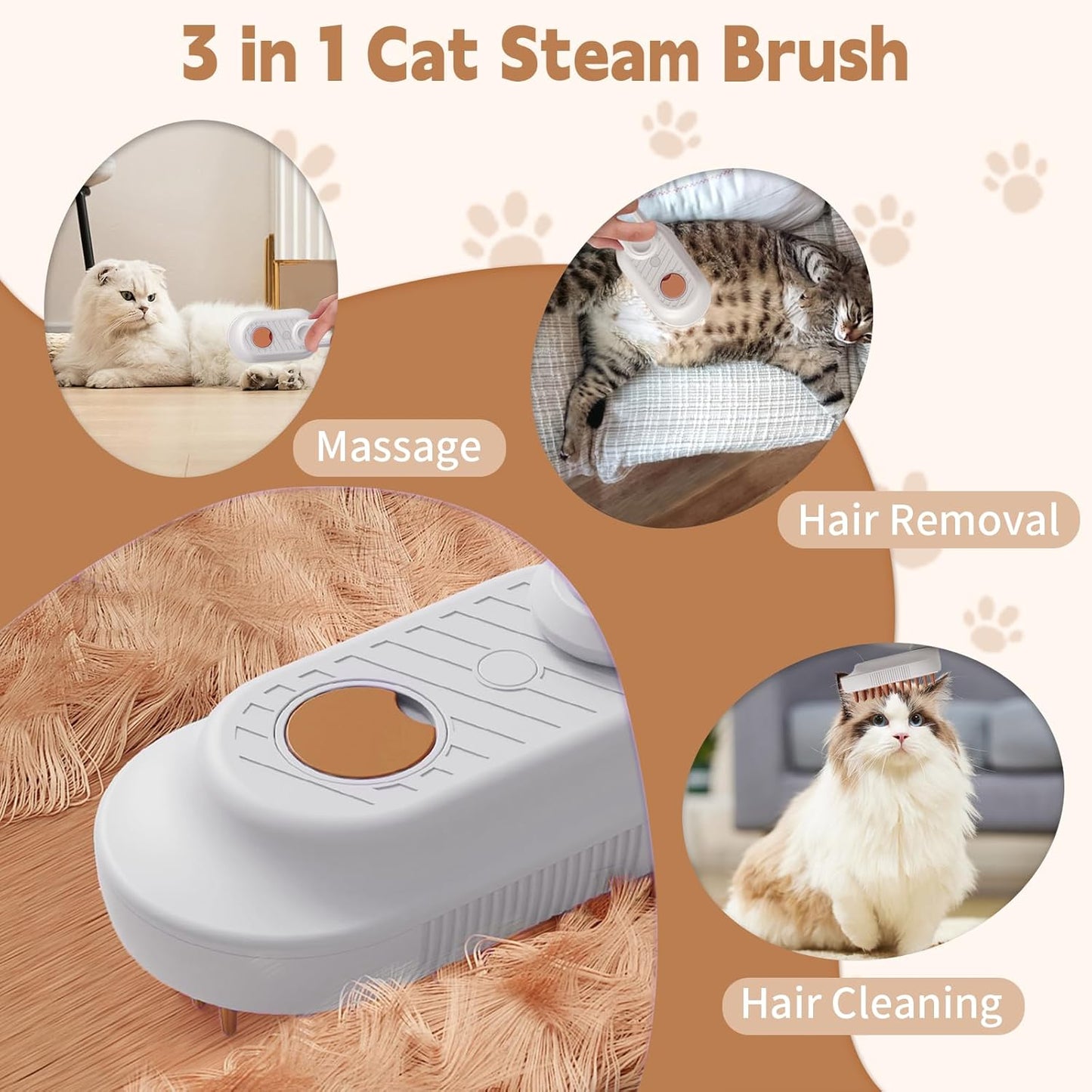 3-in-1 Cat Steam Brush for Shedding & Hair Removal with Foldable Handle – Pet Spa Steam Cleaner, Defur Comb & Spray for Cats & Dogs