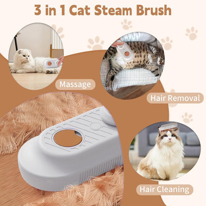 3-in-1 Cat Steam Brush for Shedding & Hair Removal with Foldable Handle – Pet Spa Steam Cleaner, Defur Comb & Spray for Cats & Dogs