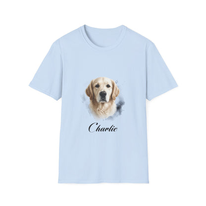 T-Shirt — Personalized Golden Retriever Portrait Tee (Name: "Charlie")