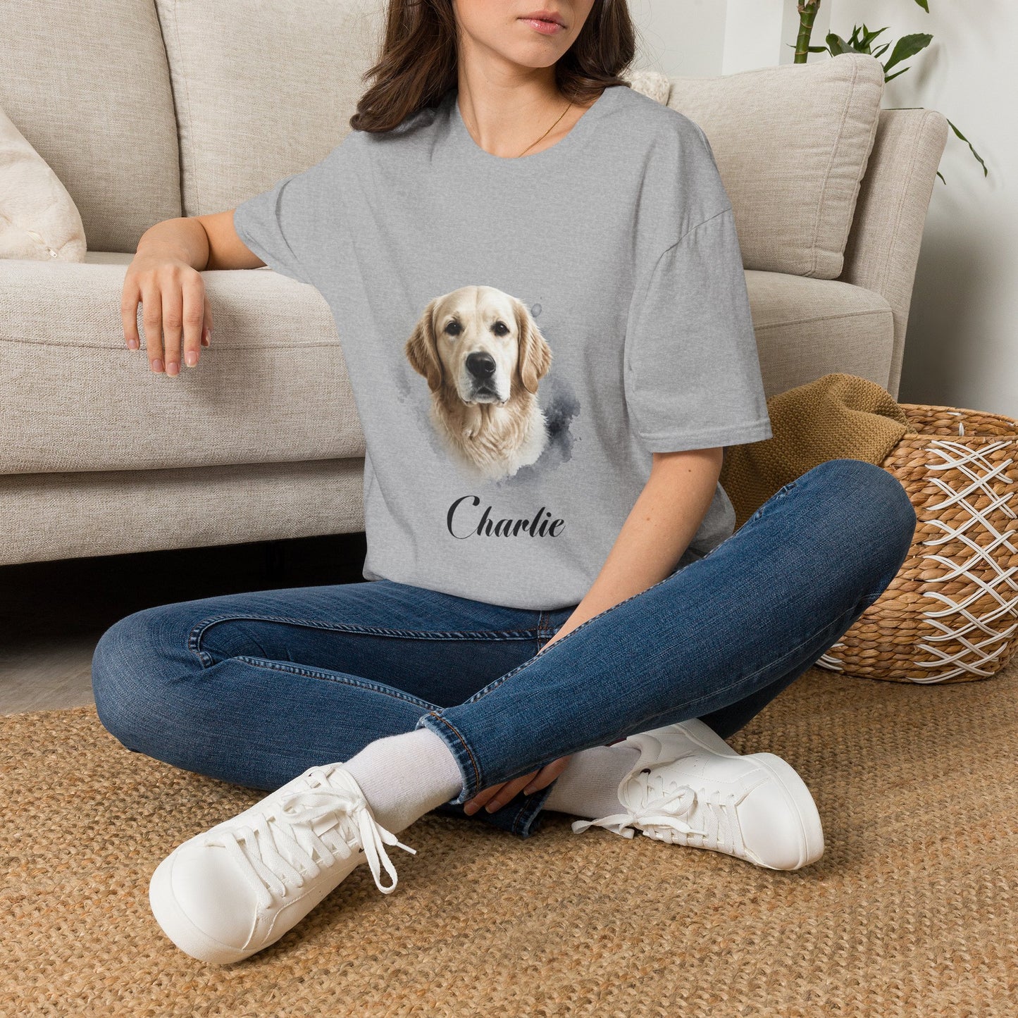 T-Shirt — Personalized Golden Retriever Portrait Tee (Name: "Charlie")