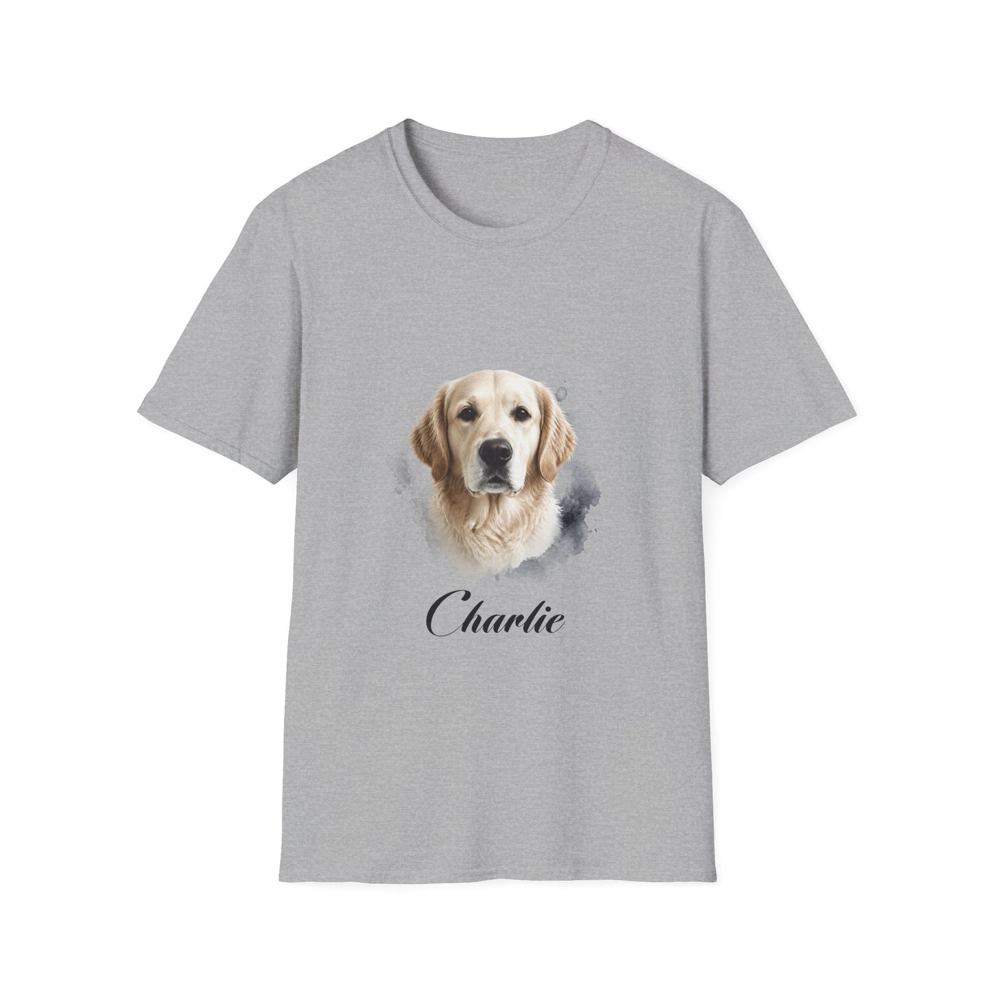 T-Shirt — Personalized Golden Retriever Portrait Tee (Name: "Charlie")