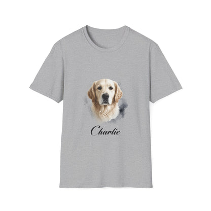 T-Shirt — Personalized Golden Retriever Portrait Tee (Name: "Charlie")