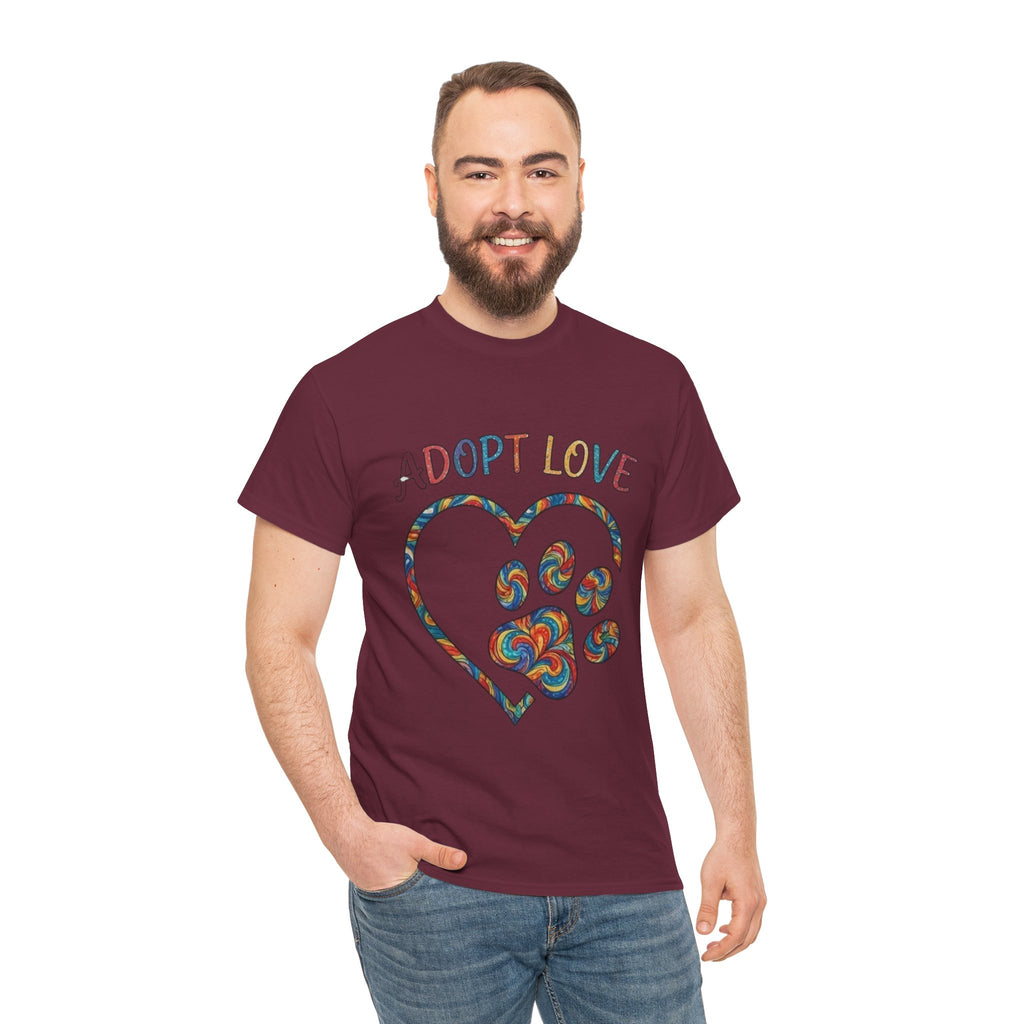 Adopt Love T-Shirt — Colorful Paw Heart Rescue Tee