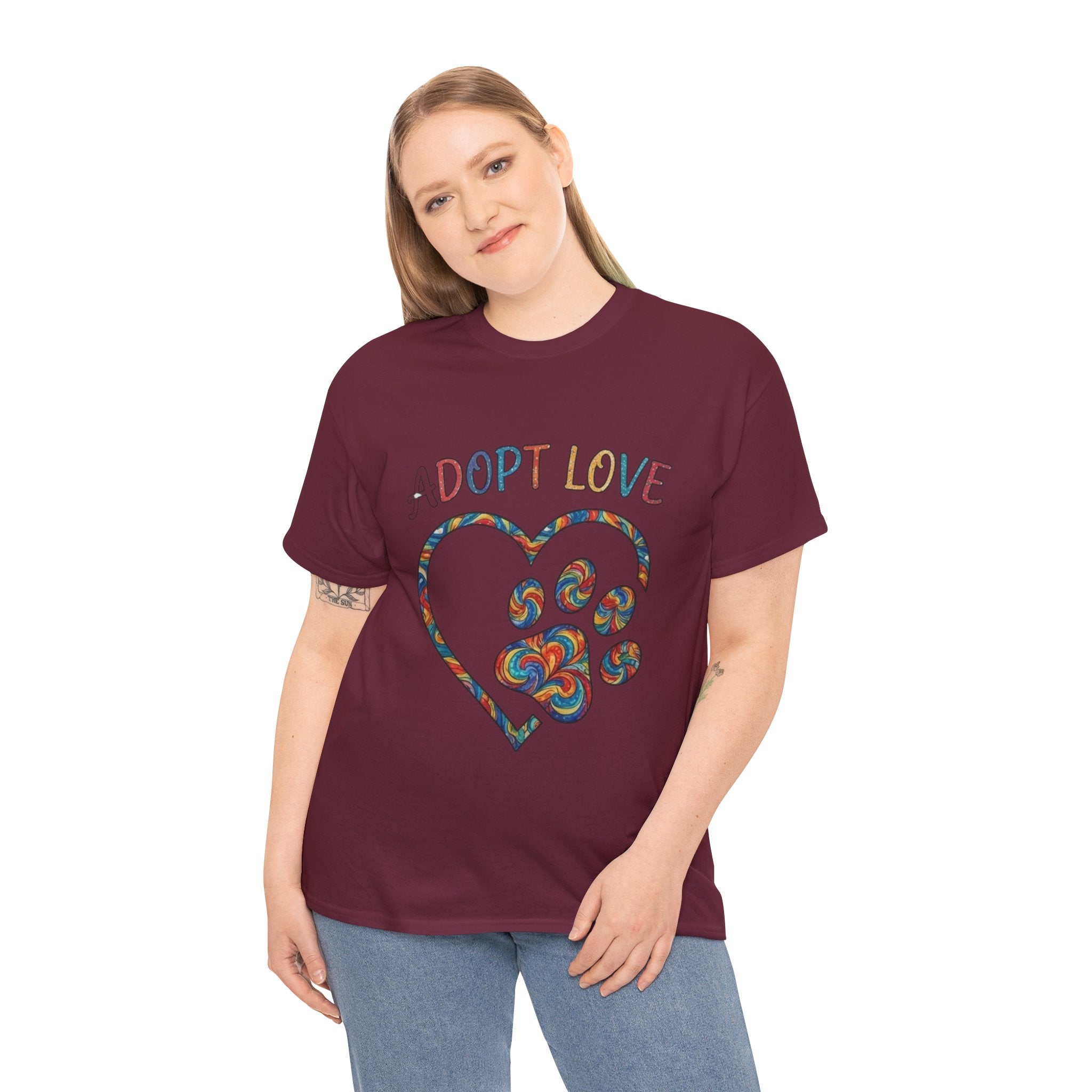 Adopt Love T-Shirt — Colorful Paw Heart Rescue Tee