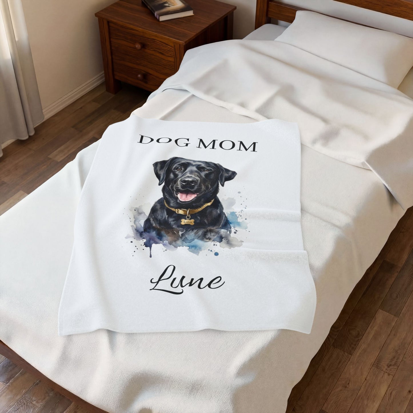 Dog Mom Personalized Velveteen Plush Blanket - Custom Pet Name & Black Lab Portrait