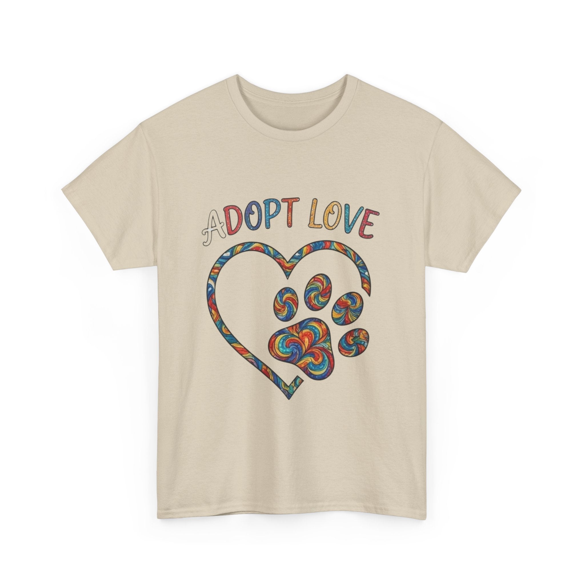 Adopt Love T-Shirt — Colorful Paw Heart Rescue Tee