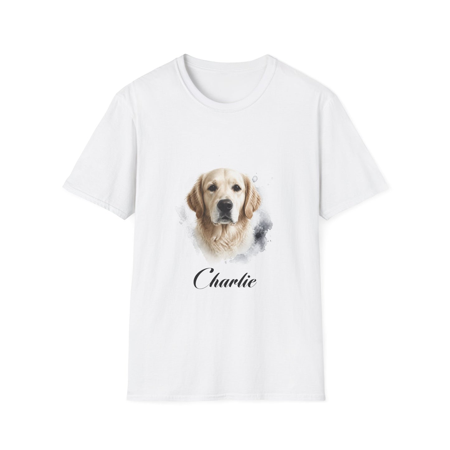 T-Shirt — Personalized Golden Retriever Portrait Tee (Name: "Charlie")
