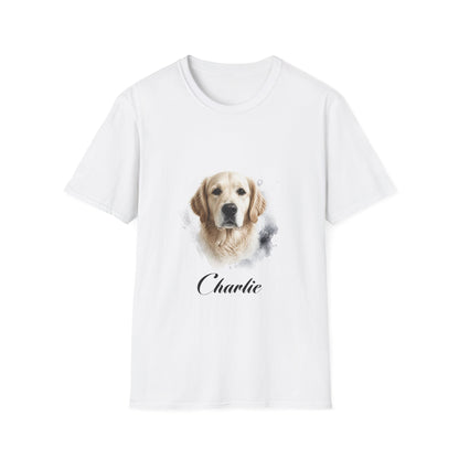 T-Shirt — Personalized Golden Retriever Portrait Tee (Name: "Charlie")