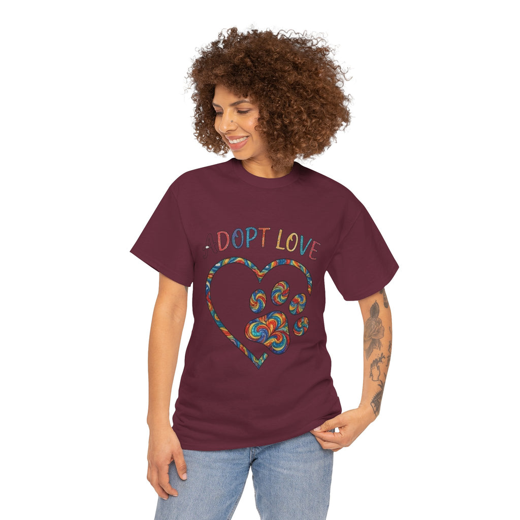 Adopt Love T-Shirt — Colorful Paw Heart Rescue Tee