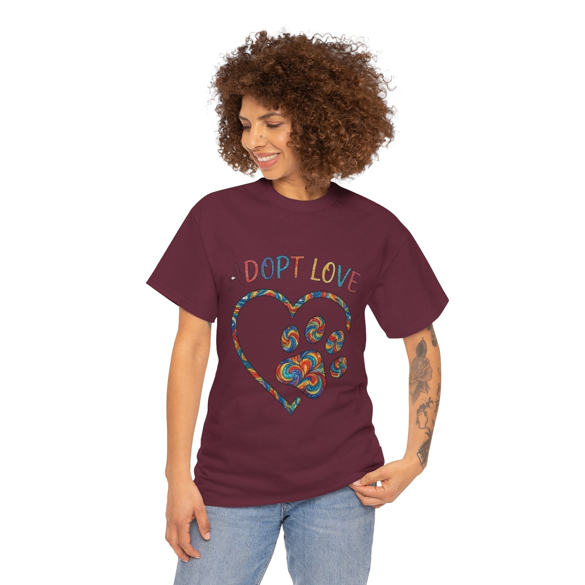 Adopt Love T-Shirt — Colorful Paw Heart Rescue Tee