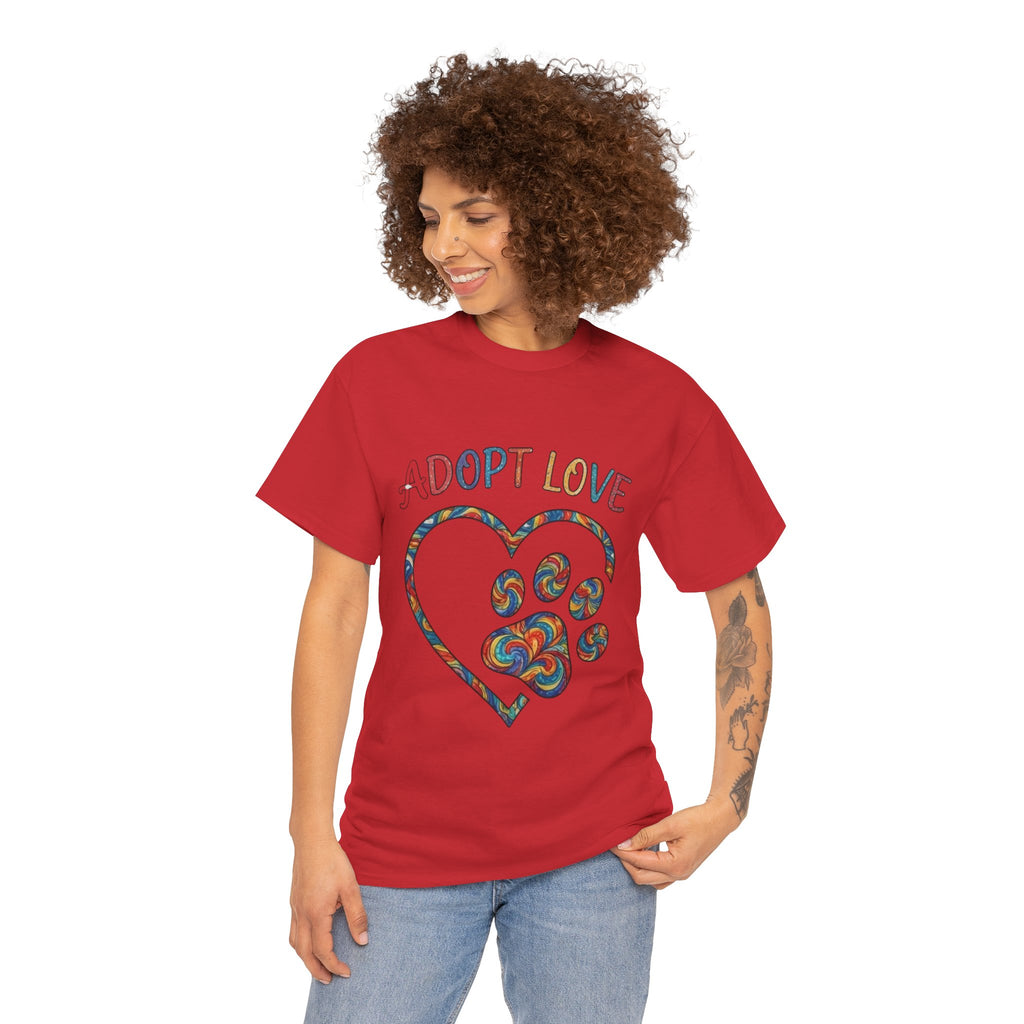 Adopt Love T-Shirt — Colorful Paw Heart Rescue Tee