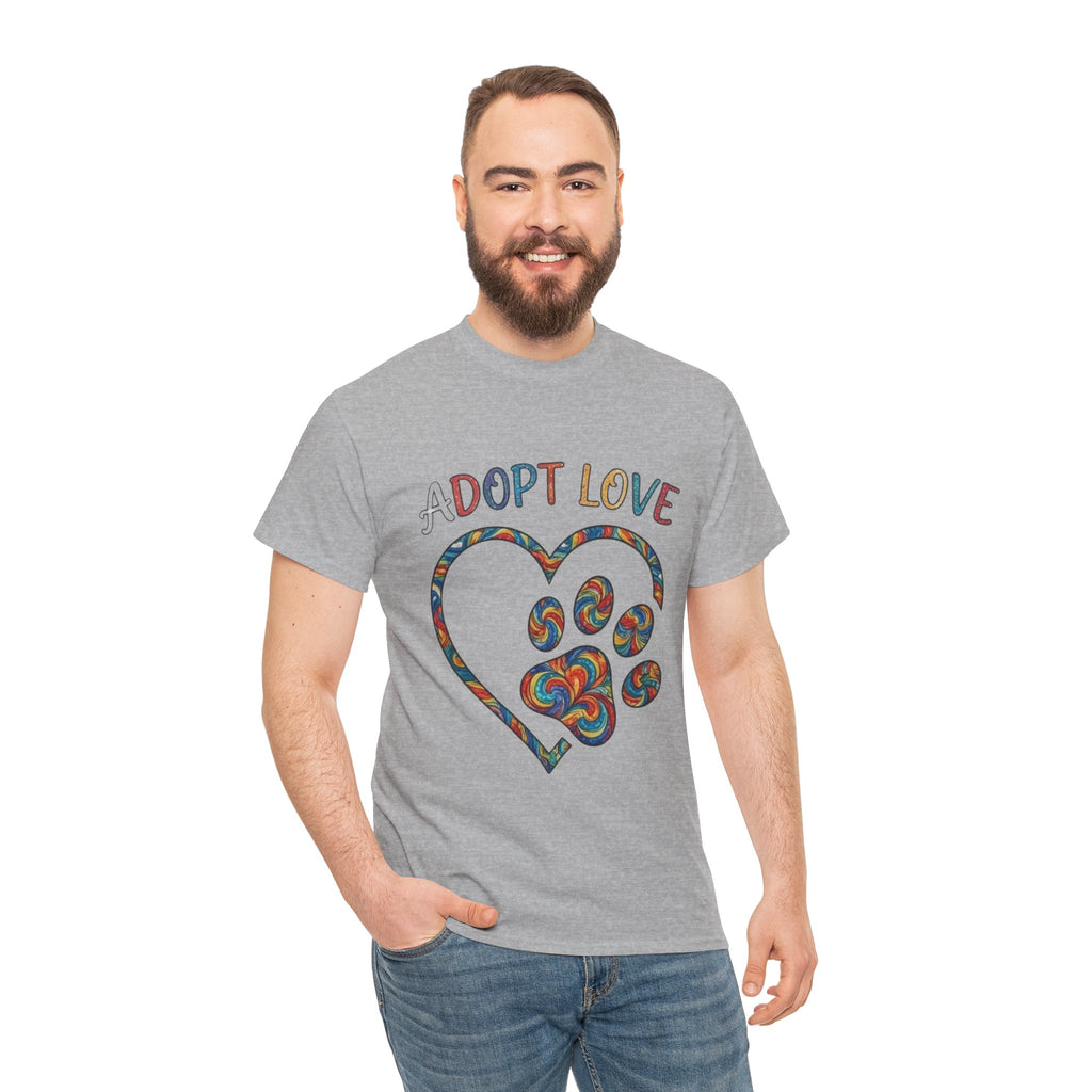 Adopt Love T-Shirt — Colorful Paw Heart Rescue Tee