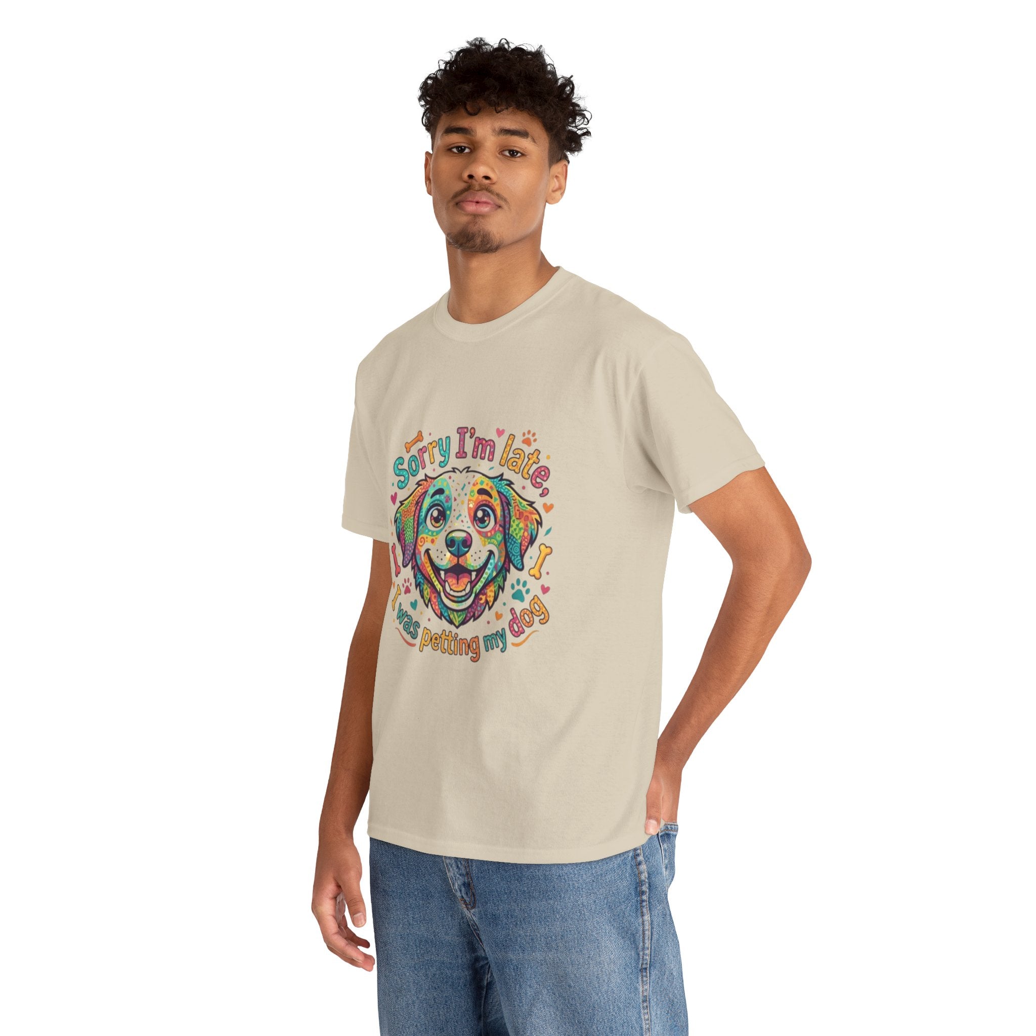 Dog Lover T‑Shirt — “Sorry I’m Late I was Petting My Dog” Colorful Puppy Tee