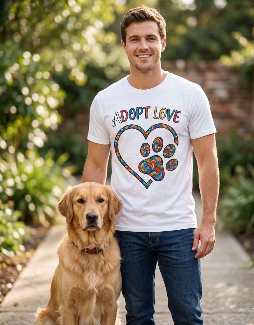 Adopt Love T-Shirt — Colorful Paw Heart Rescue Tee